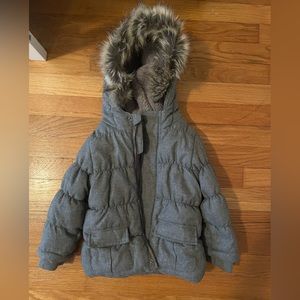 Grey Hooded Puffer Jacket, Faux Fur Trim